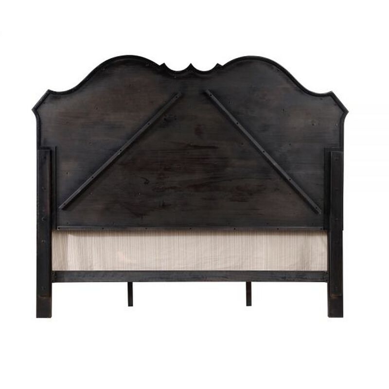 Chery King Size Bed with Button Tufted Headboard, Beige Upholstery, Black - Benzara
