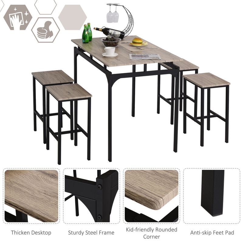 Industrial Dining Set: 5-Piece Natural Wood Table with Stools
