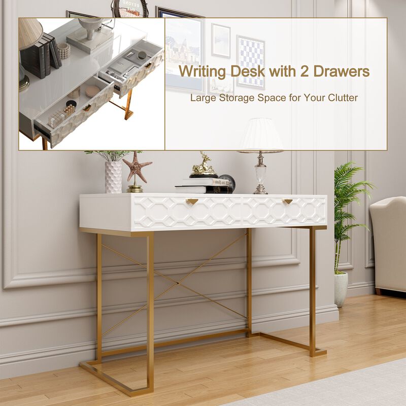 42 in. Rectangular Blue Solid Wood Writing Desk with Metal Stand