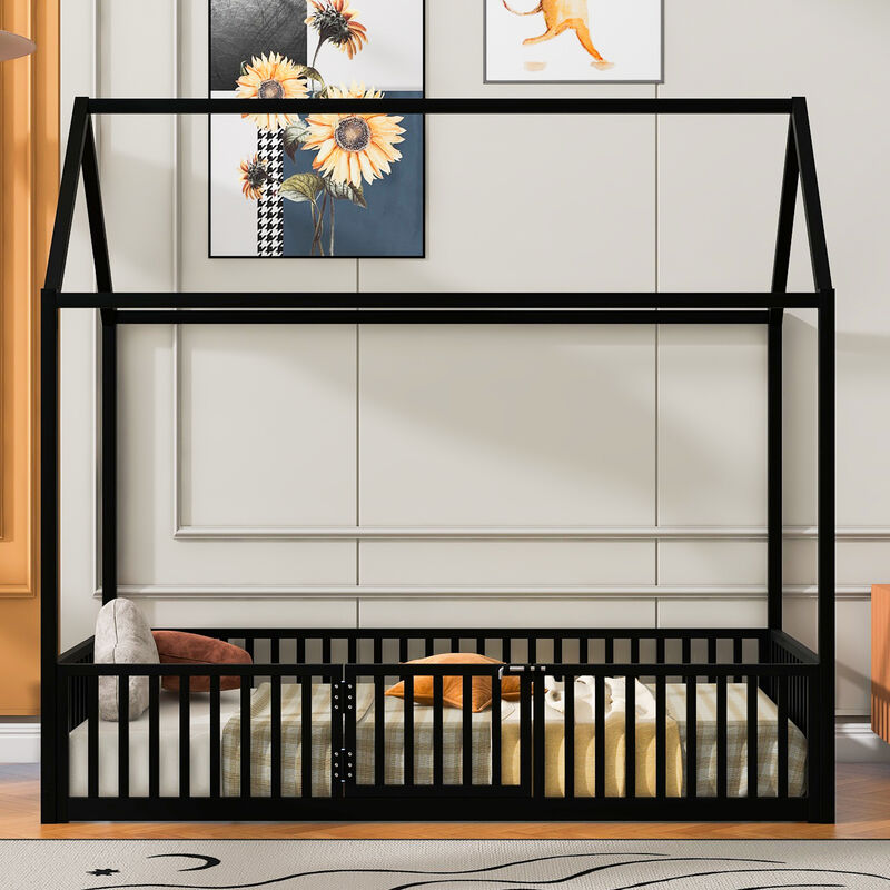 Merax Metal House Bed with Fence and Door