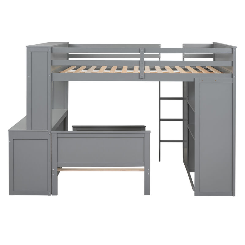 Merax Loft Bed with Storage Shelves and Wardrobe