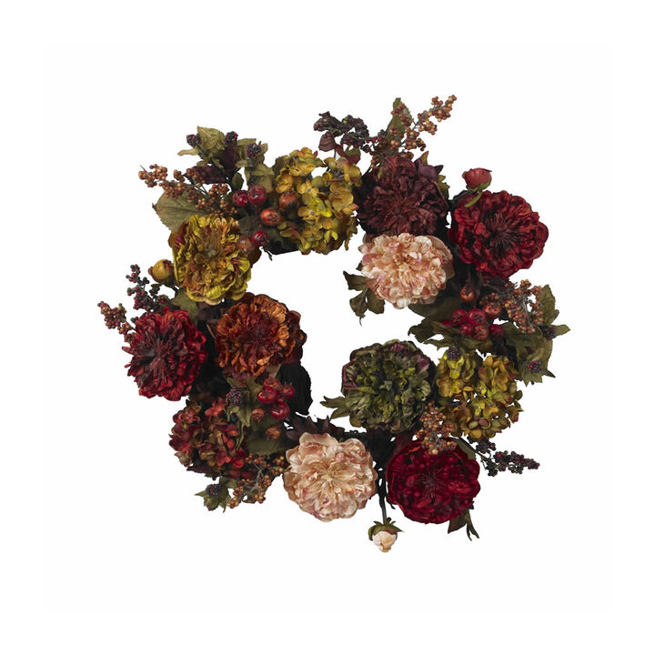 Nearly Natural 22-in Autumn Hydrangea Peony Wreath