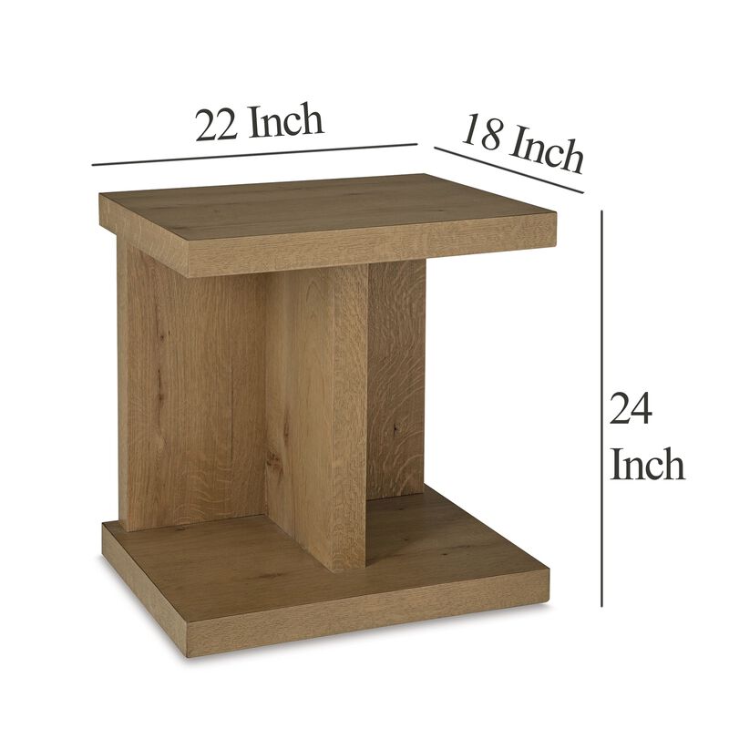 Anay Chairside Table with Dual USB Port, 22 Inch Brown Rustic Oak - Benzara