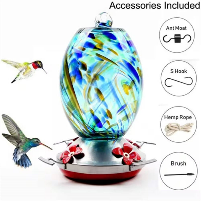 Glass Hummingbird Feeder with Perch and 4 Feeding Ports for Outdoor Use