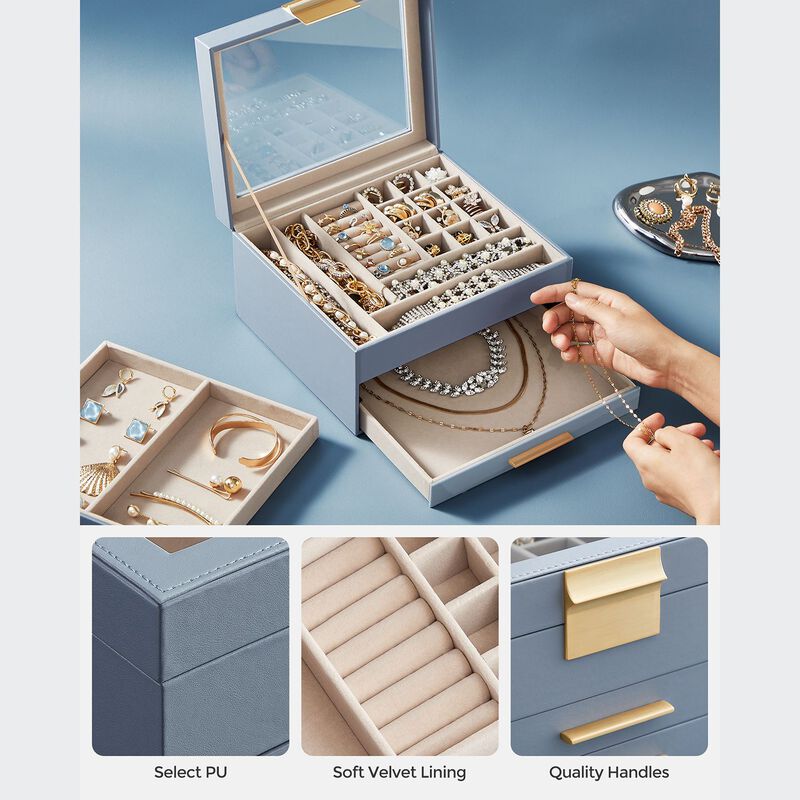 3-Layer Jewelry Box with Glass Lid and 2 Drawers - Perfect Gift for Loved Ones