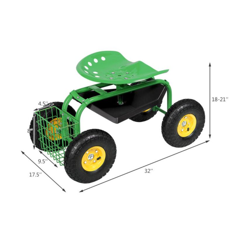 Hivvago Red/Green Garden Cart Rolling Work Seat With Heavy Duty Tool Tray Gardening Planting
