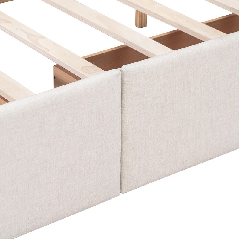 Linen Upholstered Platform Bed with 4 Drawers and Classic Headboard Design