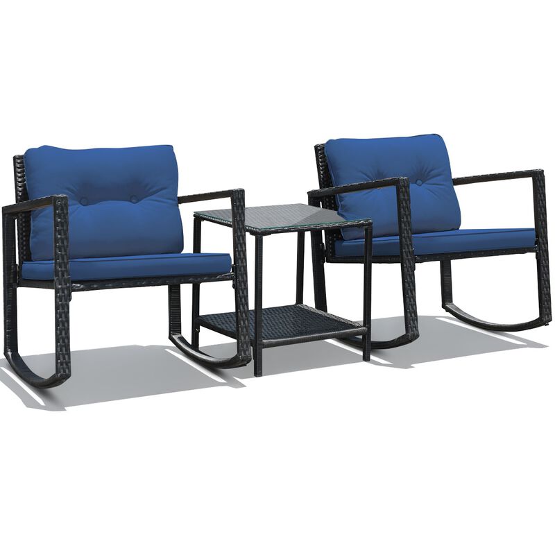 3 Pieces Cushioned Patio Rattan Set with Rocking Chair and Table