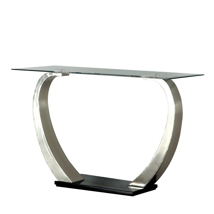 Rectangular Glass Top Sofa Table with Curved Pedestal Base, Black and Gray-Benzara