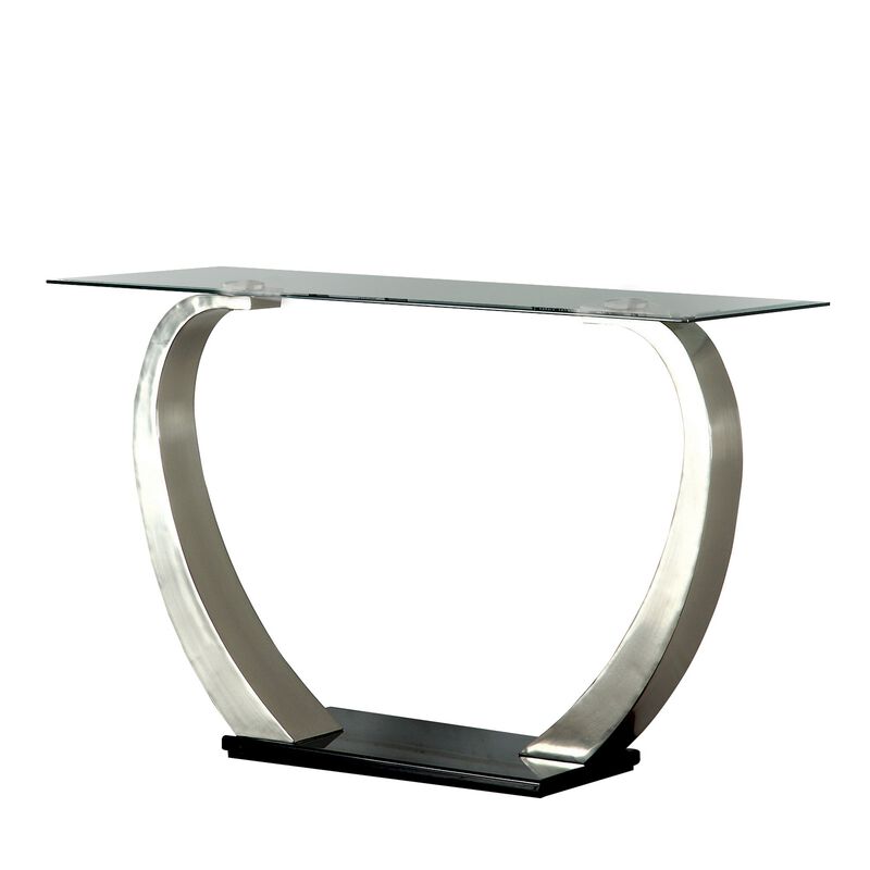 Rectangular Glass Top Sofa Table with Curved Pedestal Base, Black and Gray-Benzara