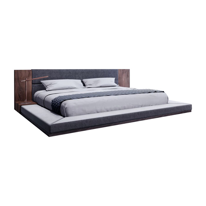 Noe Zen Japanese Low Profile Queen Bed w Nightstand, Dark Gray, Walnut - Benzara