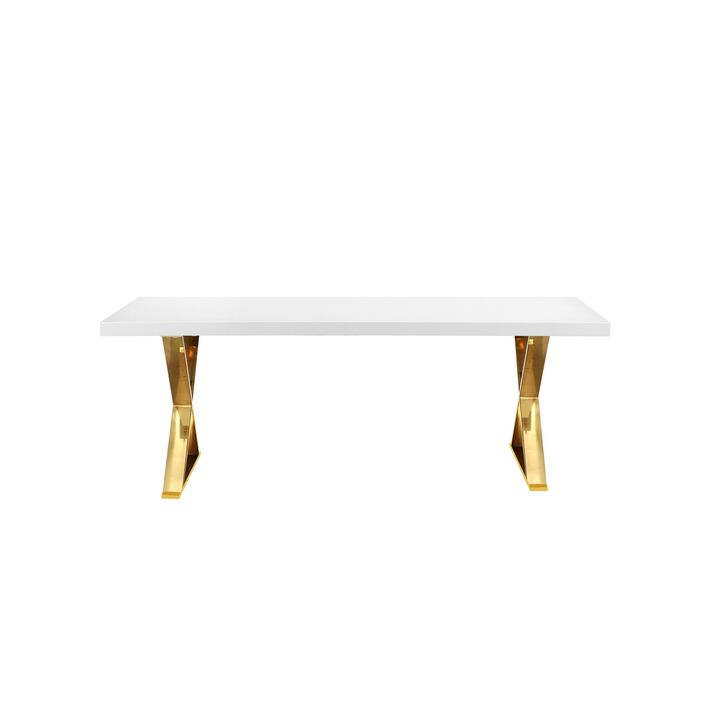 Rix 87 Inch Dining Table, Rectangular White Top, Gold Finished Metal Base - Benzara