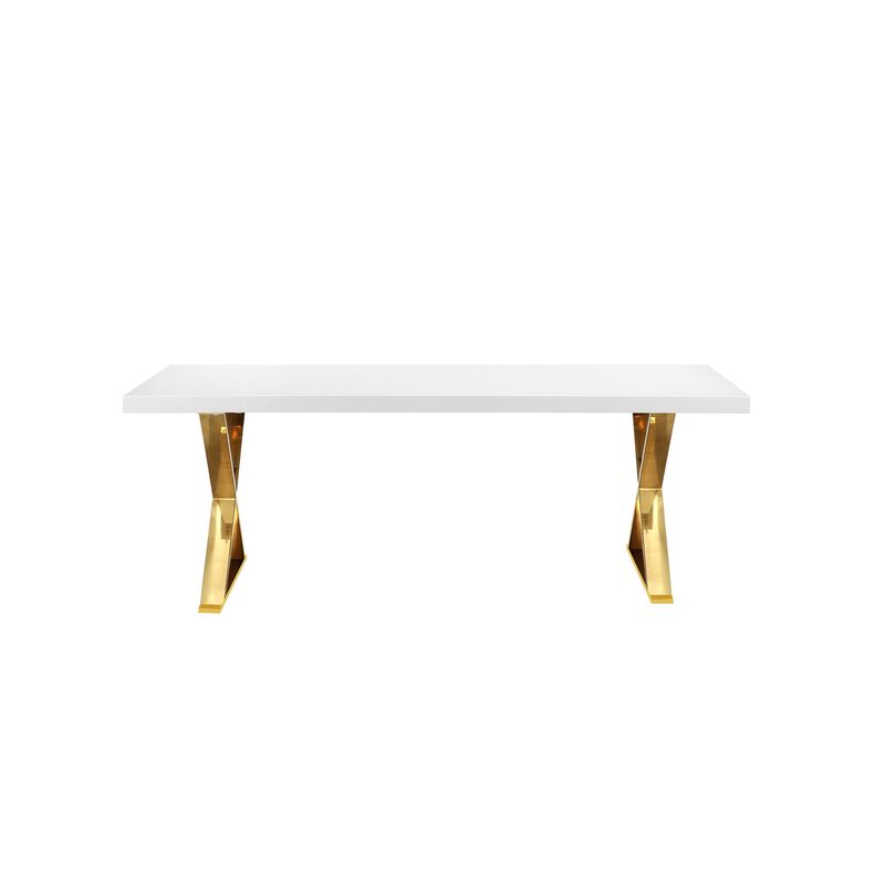 Rix 87 Inch Dining Table, Rectangular White Top, Gold Finished Metal Base - Benzara