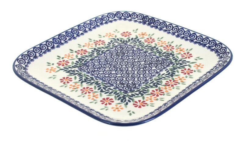 Blue Rose Polish Pottery Garden Bouquet Large Square Plate