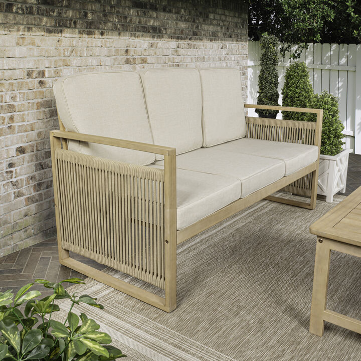 Gable 3-Seat Mid-Century Modern Roped Acacia Wood Outdoor Sofa with Cushions