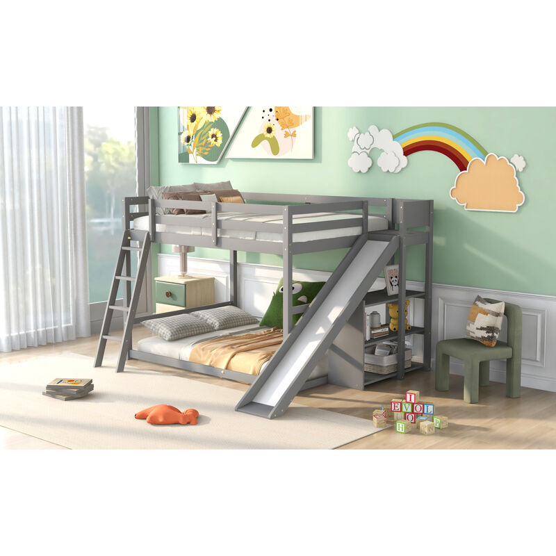 Full Over Full Bunk Bed With Ladder, Slide And Shelves