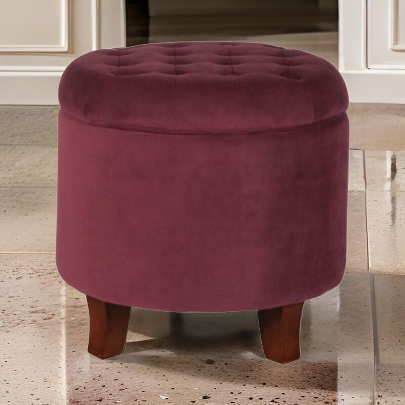 Button Tufted Velvet Upholstered Wooden Ottoman with Hidden Storage, Red and Brown - Benzara