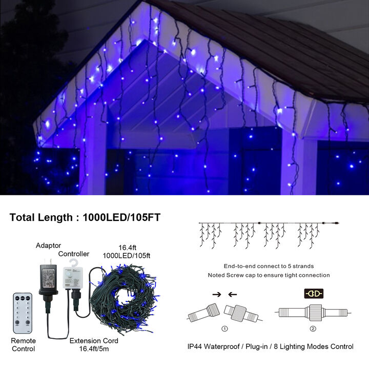 105ft LED Outdoor Christmas Lights with 1000 Bulbs, 50 Drops, 8 Modes, Waterproof, Timer & Memory Function