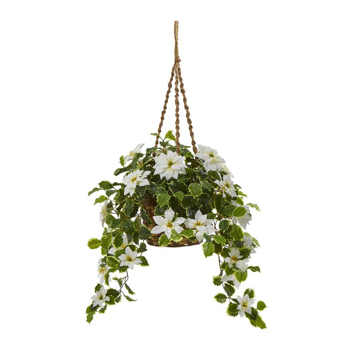 Hivvago 3.5" Poinsettia and Variegated Holly Artificial Plant in Hanging Basket (Real Touch) - White