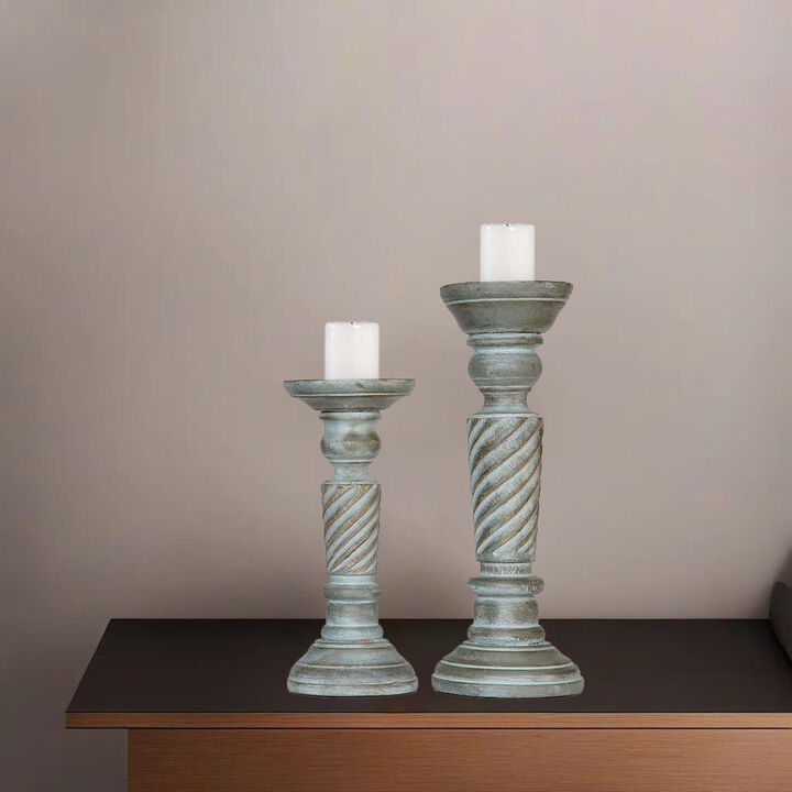BBH Homes Traditional Antique Dusk Eco-friendly Handmade Mango Wood Set Of Two 9" & 12" Pillar Candle Holder