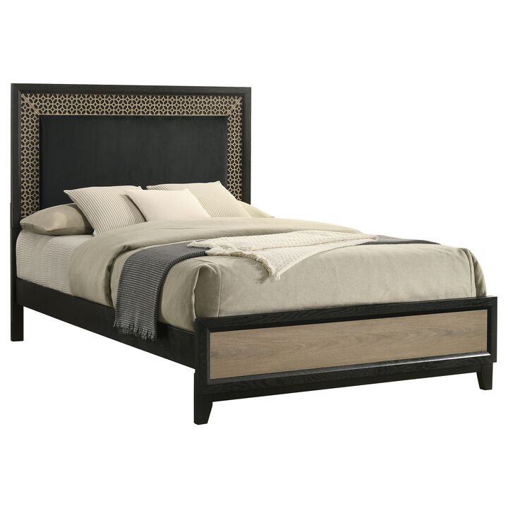 Aki Platform Queen Size Bed, Panel Design, Modern Cut Out Trim, Black Wood - Benzara