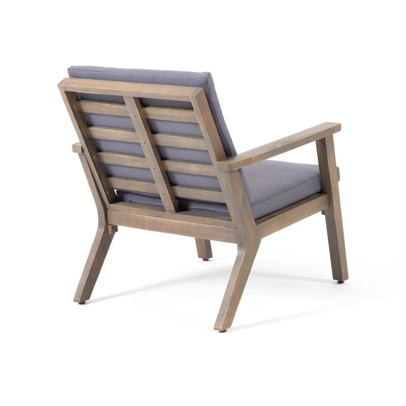 Elin Outdoor Club Chair Set of 2, Acacia Wood Frame, Gray Cushions - Benzara