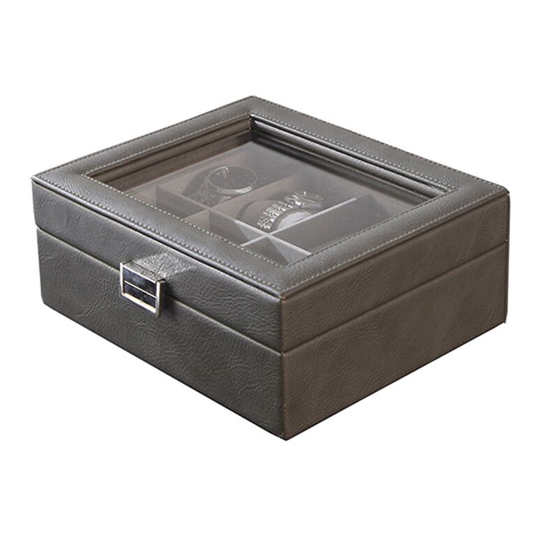 9 Inch Watch Case with 8 Spaces, Gray Faux Leather, Lined, Glass Lid, Black - Benzara
