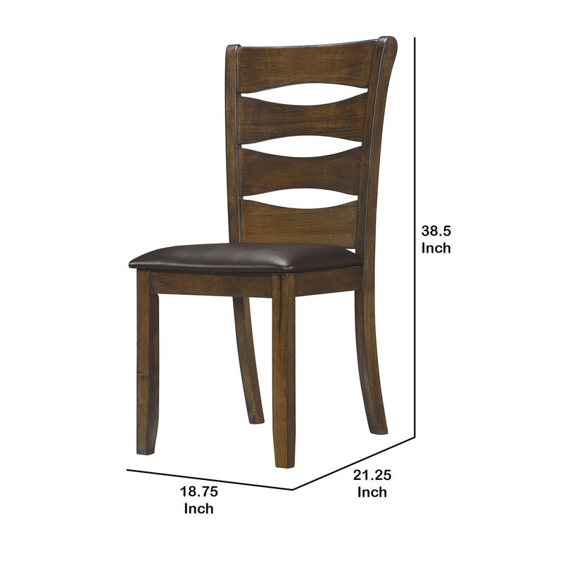 Transitional Ladder Back Side Chair with Leatherette Seat, Set of 2, Brown-Benzara