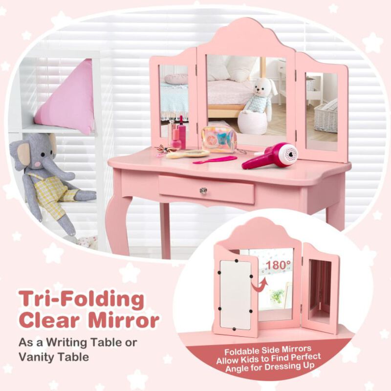 Hivvago Kids Makeup Dressing Mirror Vanity Table Stool Set-Pink