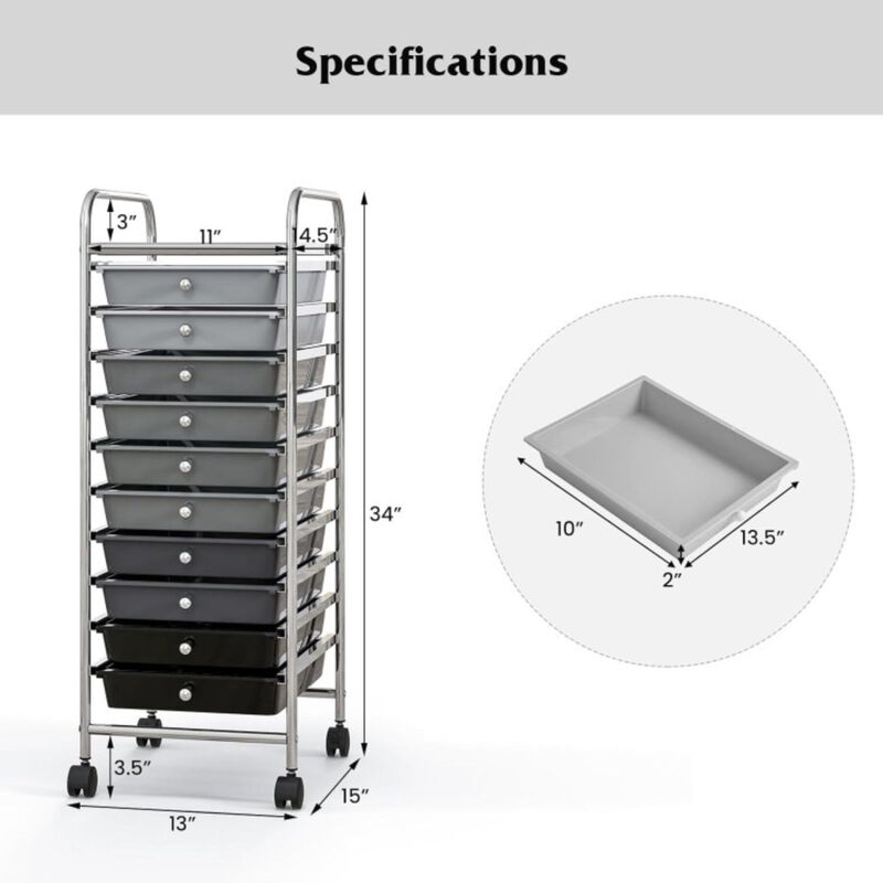 Hivvago 10 Drawer Rolling Storage Cart Organizer with 4 Universal Casters