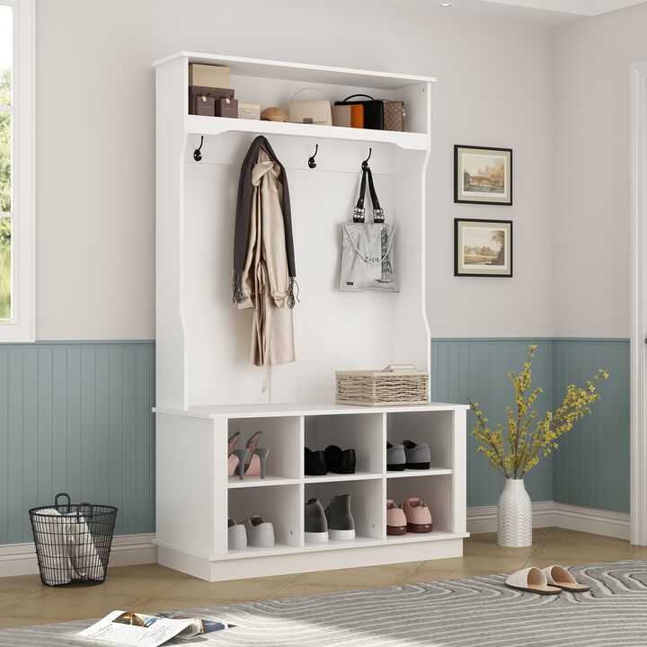 White Painted Hall Tree with Bench and Storage Cubbies
