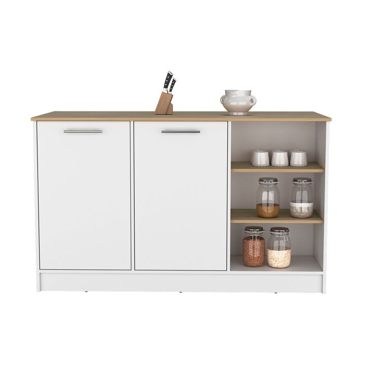 Mars Kitchen Island With Two Cabinets and Three open Shelves, White/Natural Oak
