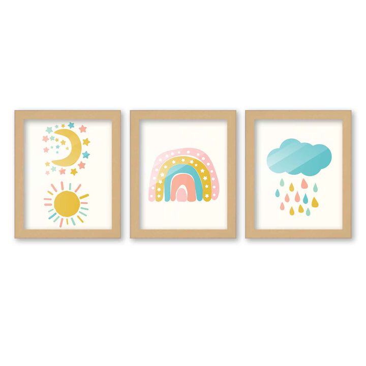 8x10 Framed Nursery Wall Art Set of 3 Hand Drawn Boho Rainbow Prints in Natural Wood Frames