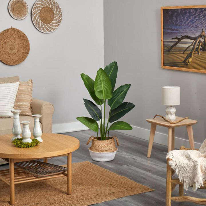 Hivvago 4 Feet Travelers Palm Artificial Tree in Boho Chic Handmade Cotton & Jute White Woven Planter