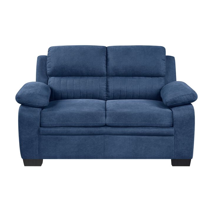 Hugh 58 Inch Loveseat, Blue Fabric, Pillow Armrests, Channel Tufted Back - Benzara