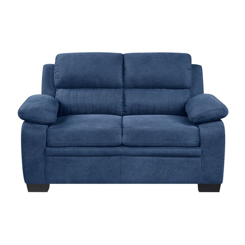 Hugh 58 Inch Loveseat, Blue Fabric, Pillow Armrests, Channel Tufted Back - Benzara
