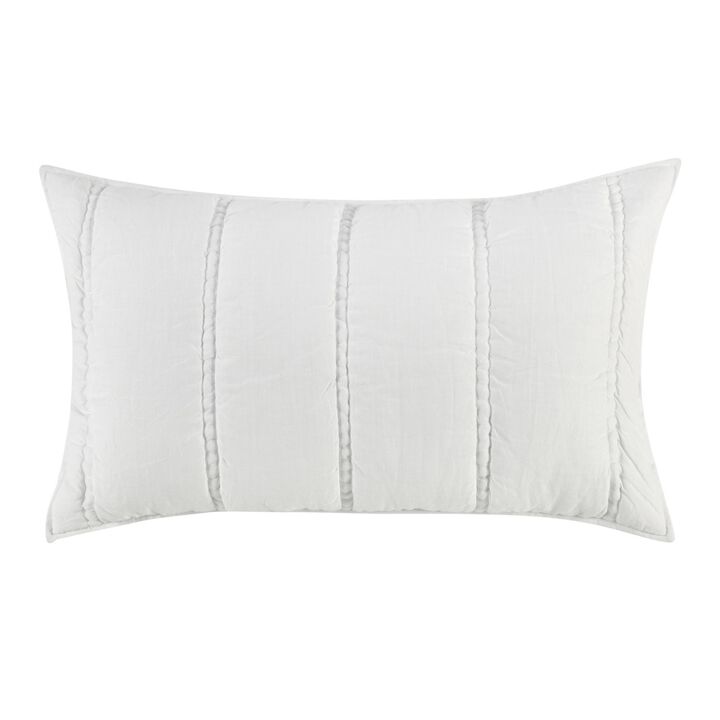 Rawi Lumbar King Pillow Sham, 20x36 Channel Stitch White Ramie Cotton - Benzara