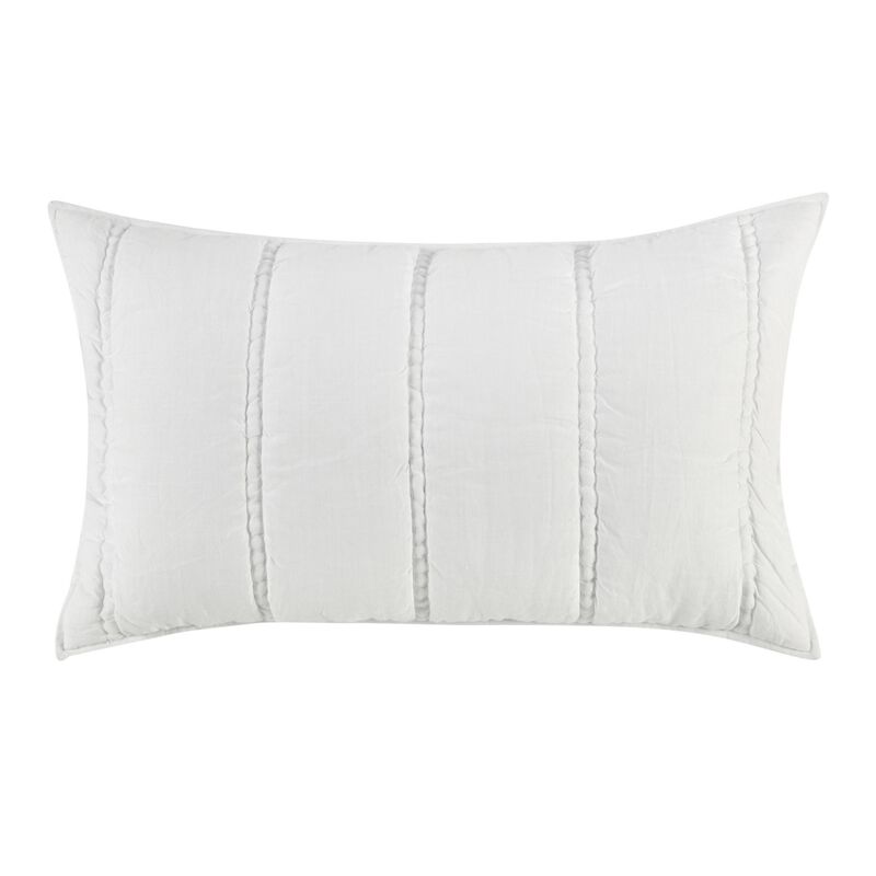 Rawi Lumbar King Pillow Sham, 20x36 Channel Stitch White Ramie Cotton - Benzara