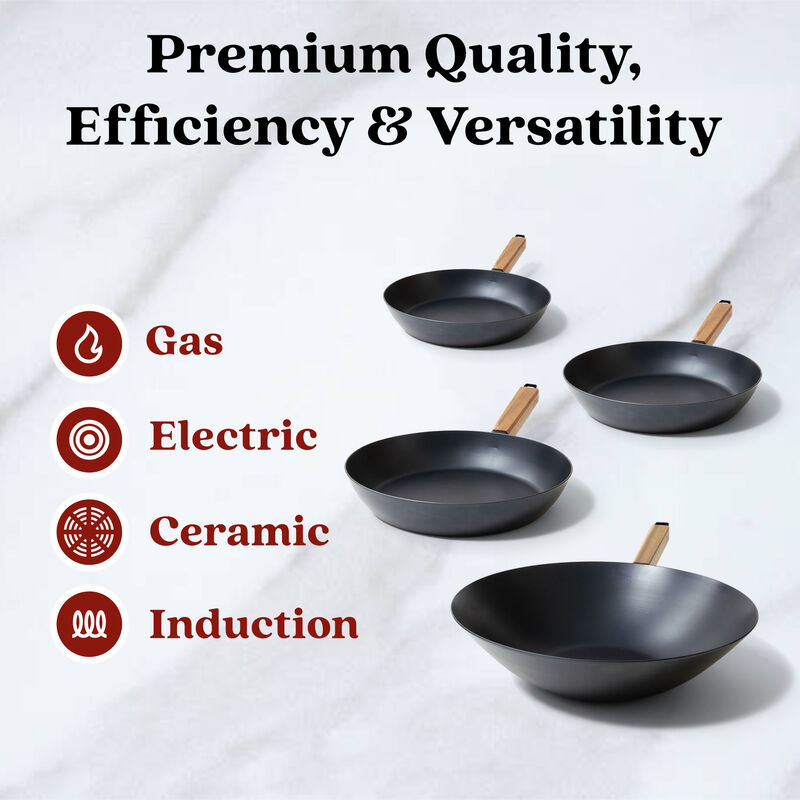 Alva Forest 4-Piece Professional Carbon Steel Cookware Set - Pre-Seasoned Non-Toxic Frying Pans & Wok - Chemical-Free, Traditional Cooking Surface - All Stovetop Compatible & Fast-Heating