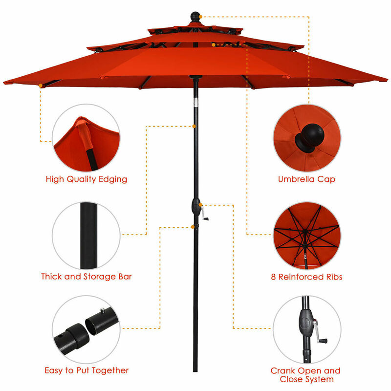 10ft 3 Tier Patio Umbrella Aluminum Sunshade Shelter Double Vented without Base