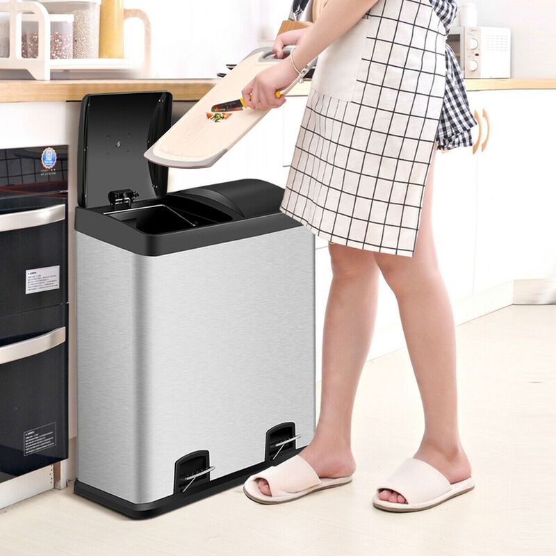 Hivvago Large 16 Gallon Dual Compartment Kitchen Trash Can with Foot Pedal Open