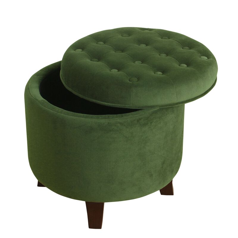 Button Tufted Velvet Upholstered Wooden Ottoman with Hidden Storage, Green and Brown - Benzara