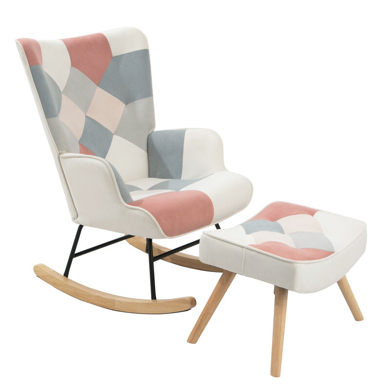 Rocking Chair ,Mid Century Fabric Rocker Chair with Wood Legs and Patchwork Linen for Livingroom Bedroom