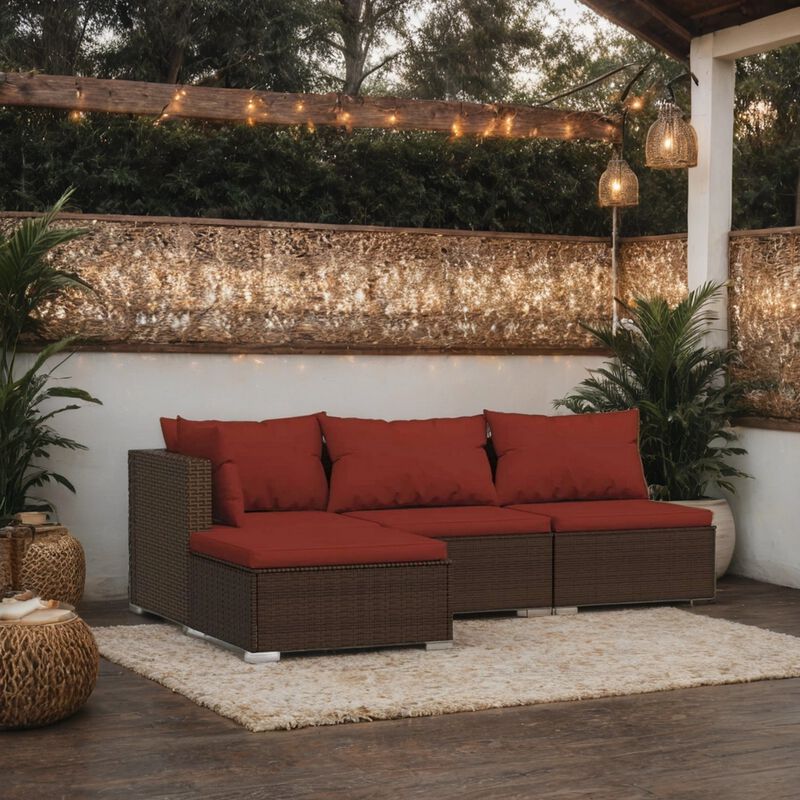 Faye 4pc Outdoor Modular Sofa Set, Brown Poly Rattan and Red Polyester - Benzara