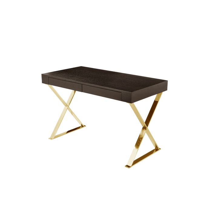 Ada Office Desk, 2 Drawers, Espresso Brown, Gold X Steel Legs, 47 Inch - Benzara