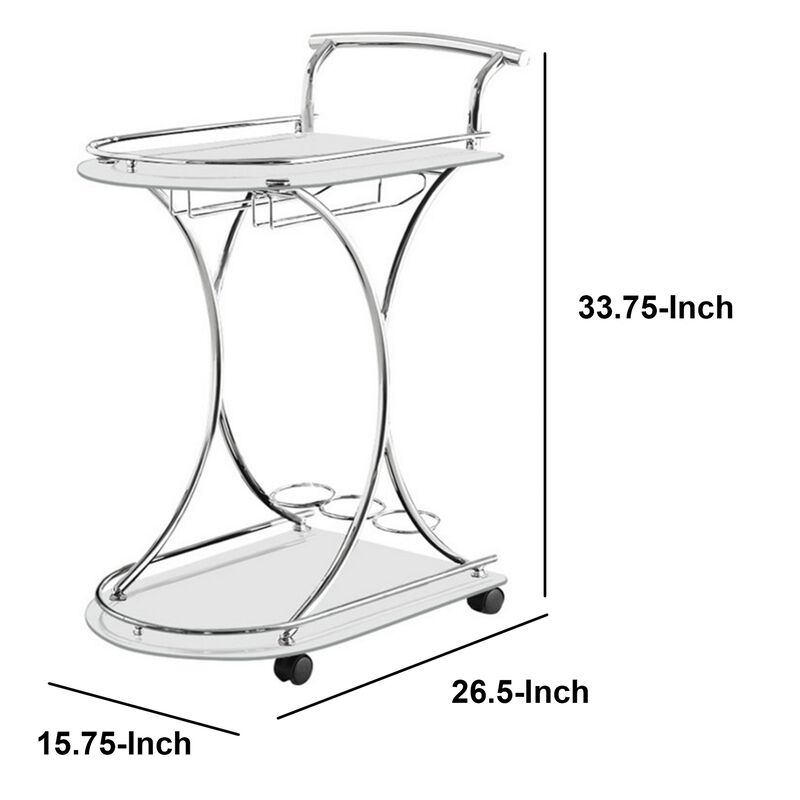 Captivating Serving Cart With 2 Frosted Glass Shelves, Silver-Benzara
