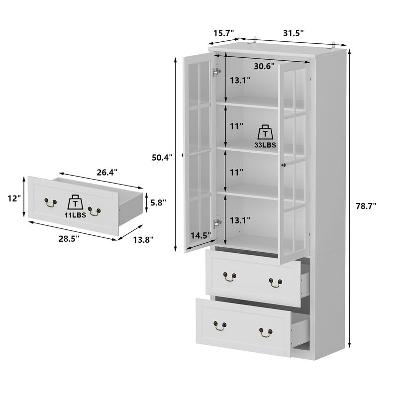 White Wooden 31.5 in. W Buffet Pantry Cabinet Kitchen Cabinet with Adjustable Shelves and Tempered Glass Doors, Drawers