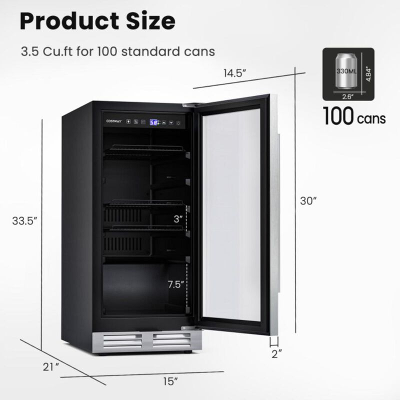 Costway 15 Inch 100 Can Built-in Freestanding Beverage Cooler Refrigerator with Adjustable Temperature and Shelf