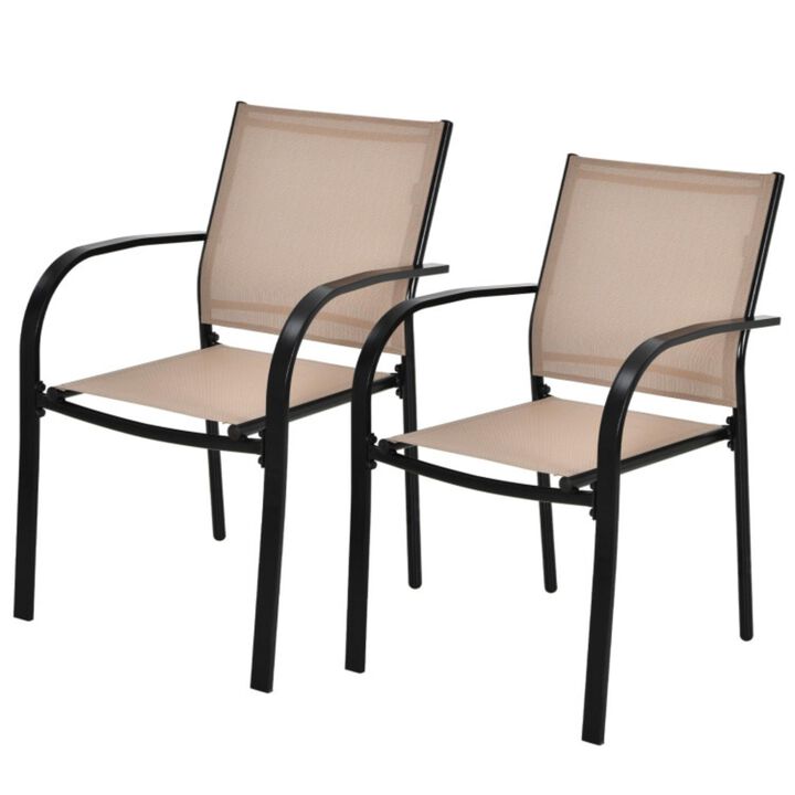 Hivvago Set of 2 Patio Stackable Dining Chairs with Armrests Garden Deck-Brown