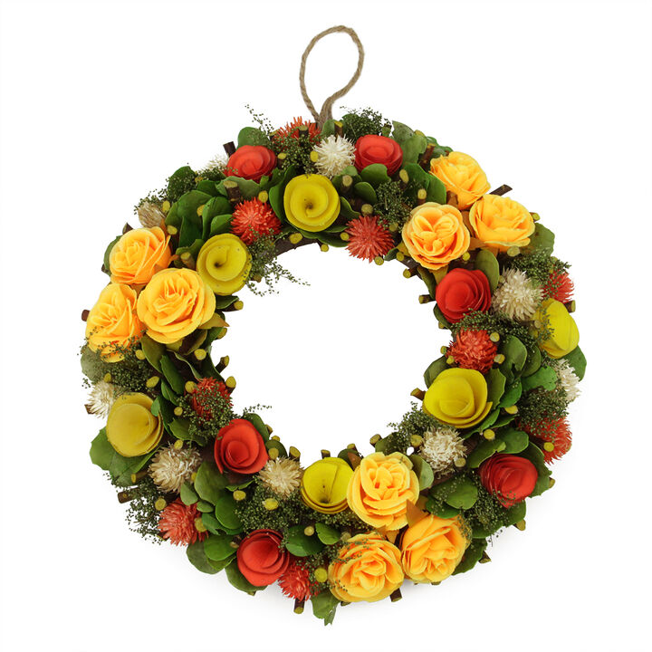 12" Orange and Yellow Flowers with Moss and Twig Artificial Floral Spring Wreath - Unlit